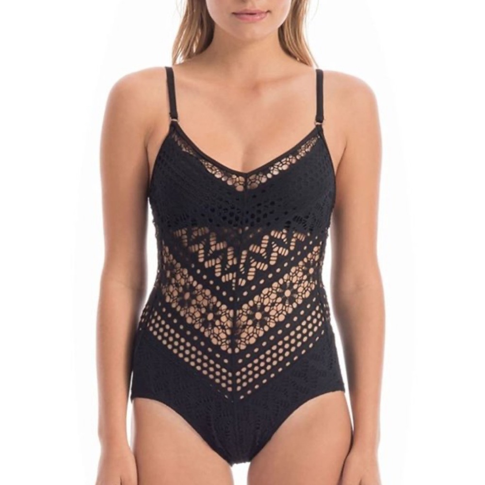 Robin Piccone Mia Crochet Black Lace V-Neck Swimsuit